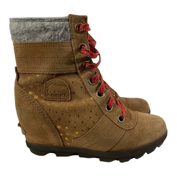SOREL boots girls size 3 brown wedge style red laces RB - Picture 3 of 6